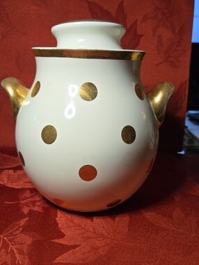 Hall's Kitchenware "Big Ear" White Ceramic Cookie Jar With Gold Polka- Dots